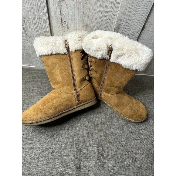 SO Womens Boots Size 5 Chestnut Brown Lori Style Winter Faux Fur Trim Winter - Picture 6 of 8